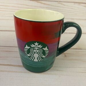 Starbucks Coffee Mug Cup 10 fl oz Holiday Green Red Purple Brush Strokes 2021